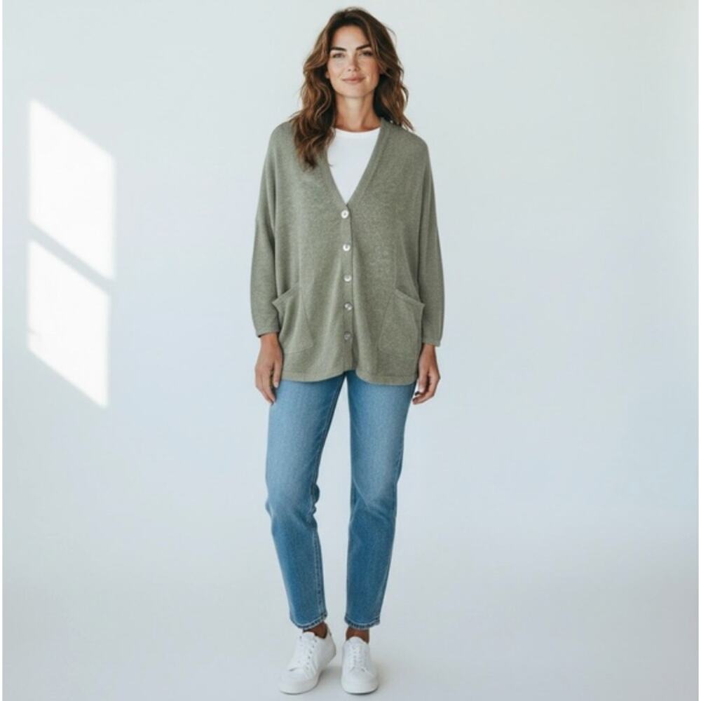 BAREFOOT DREAMS CozyChic Lite Boxy Cardigan Sweater Sage Olive Green Large L